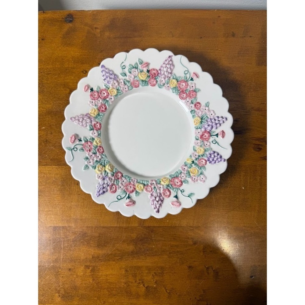 Vintage Yankee Candle Floral Embossed 3D Plate Scalloped Edge Lilacs Rose Pastel